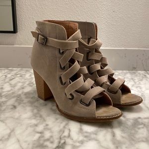 Tan Suede Open Toe Booties